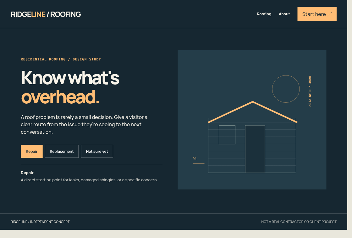 Desktop view of a fictional roofing contractor website concept